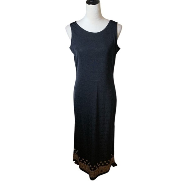 90s Reflections by Spiegel Black Gold Boho Maxi Dress M | Slinky Minimalist Chic - Picture 1 of 8
